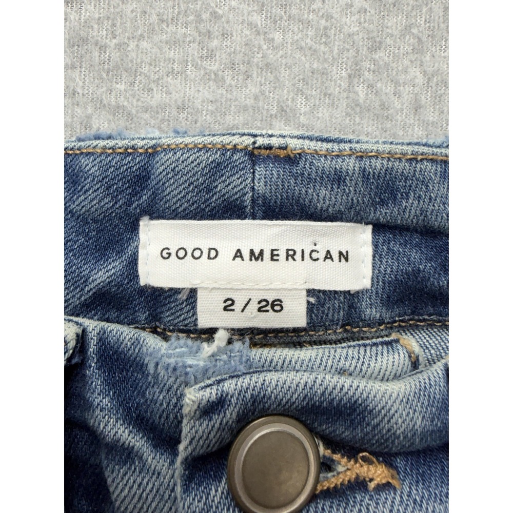 Good American Good Boy Jeans Womens 2/26 Blue High Rise Boyfriend Raw Hem Fringe - Picture 9 of 13